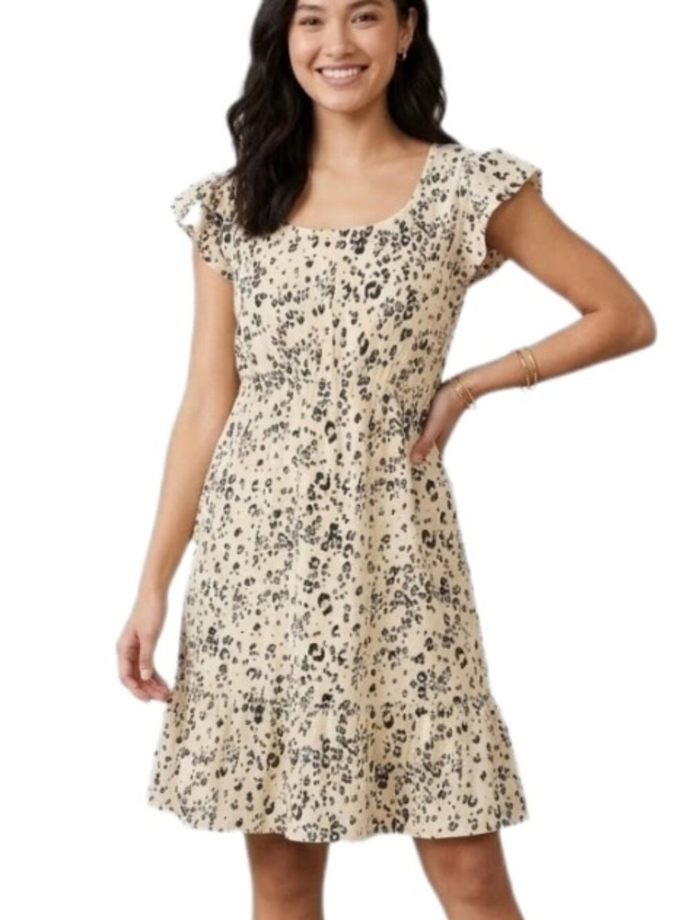 Umgee Dress Cream Leopard-Print Flutter-Cap  Sleeve Dress Cream Size L
